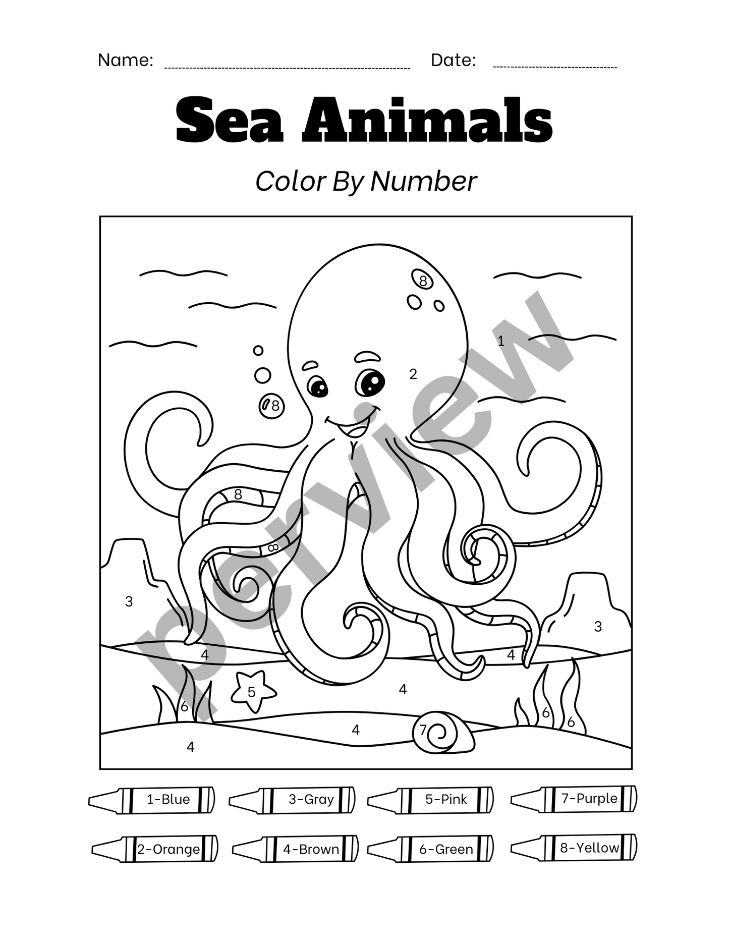 Color by Number: Sea Animals Coloring Book for Kids – 5 Fun Pages of Ocean Life