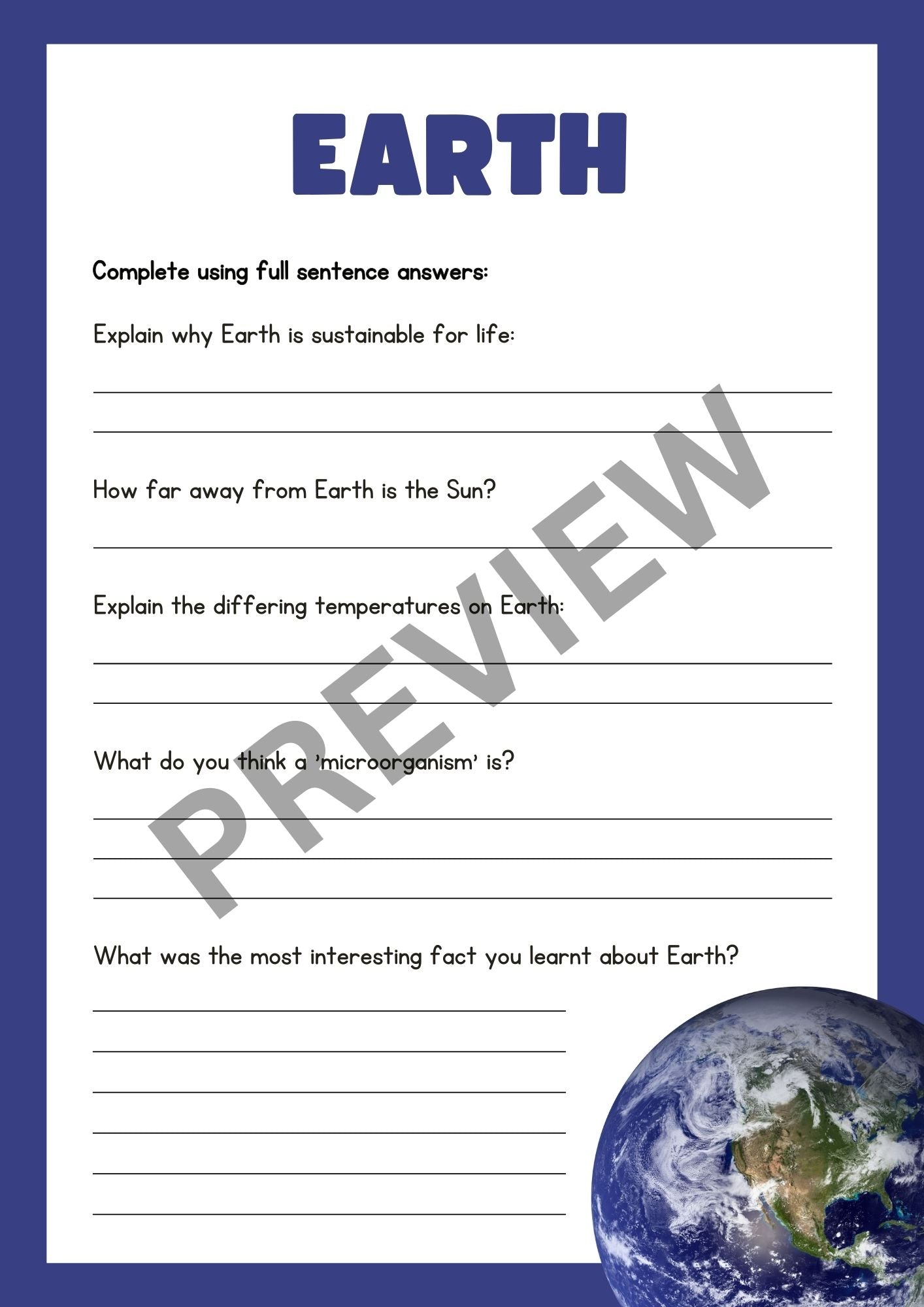 Planet Earth Reading Comprehension Worksheet | Geography & Science Activity for Kids