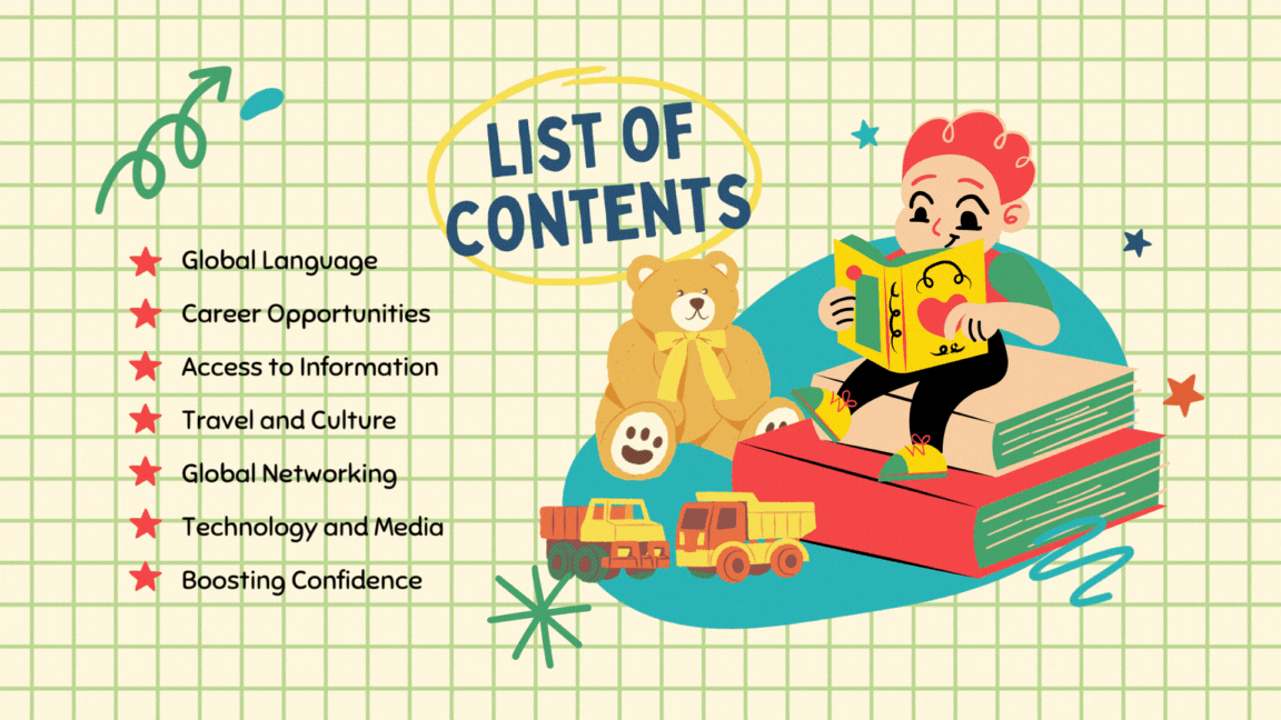 Why Learn English Presentation | Yellow & Blue Illustrative Slides for Teachers, Students & Language Learning