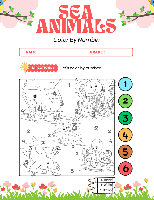 Color by Number: Sea Animals Coloring Book for Kids – 5 Fun Pages of Ocean Life